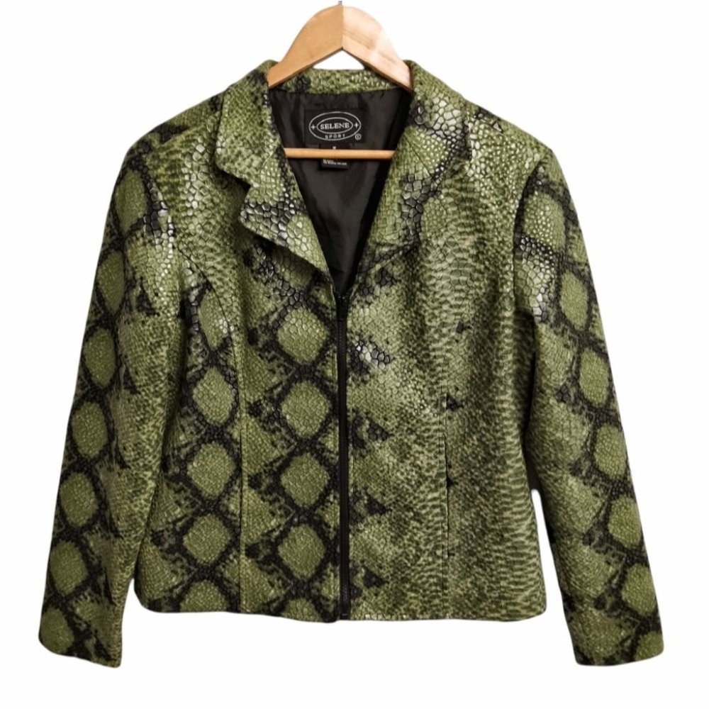 Selene Sport Green Faux Leather Snakeskin Zip Up Jacket Size Medium